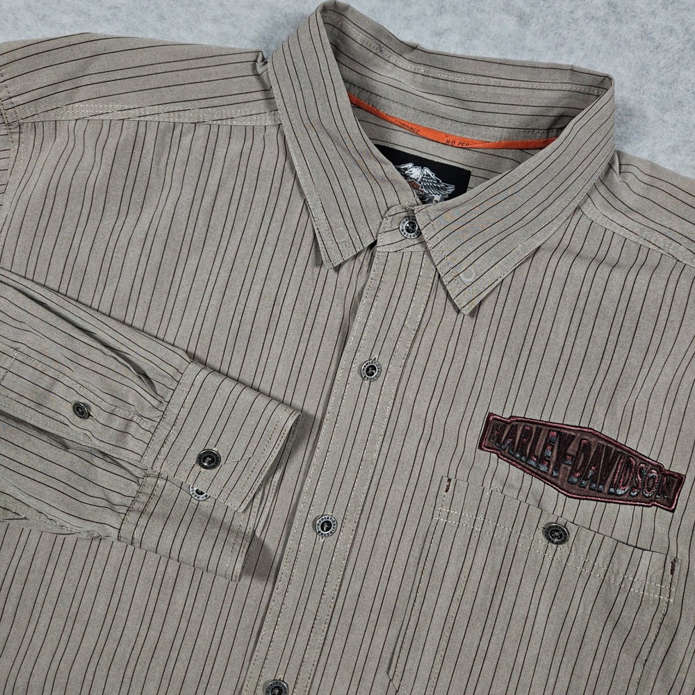 Harley Davidson Men's 2XL Brown Button Up Pinstripe Biker Motorcycle Embroidered
